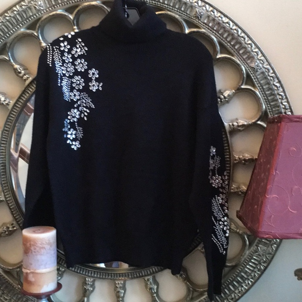 Black Floral Embellished Turtleneck Sweater